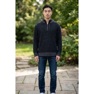 #010 Xray Jeans Mens Quarter Zip Sweater Navy Blue Marled Knit Pullover Size L